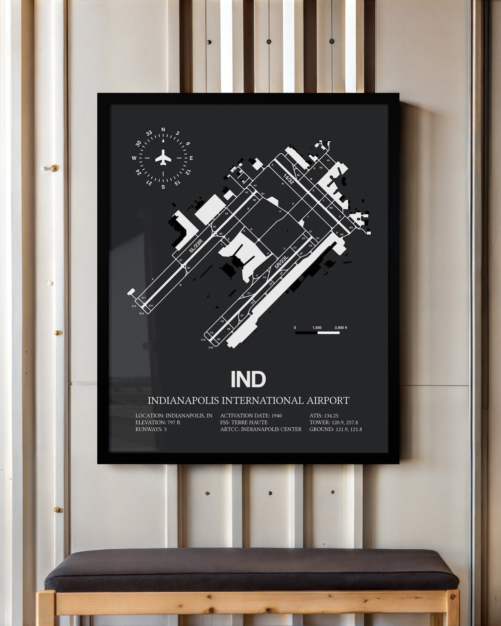 Framed Detailed Airport Map of Indianapolis International Airport (IND) in Gray with a Black Frame