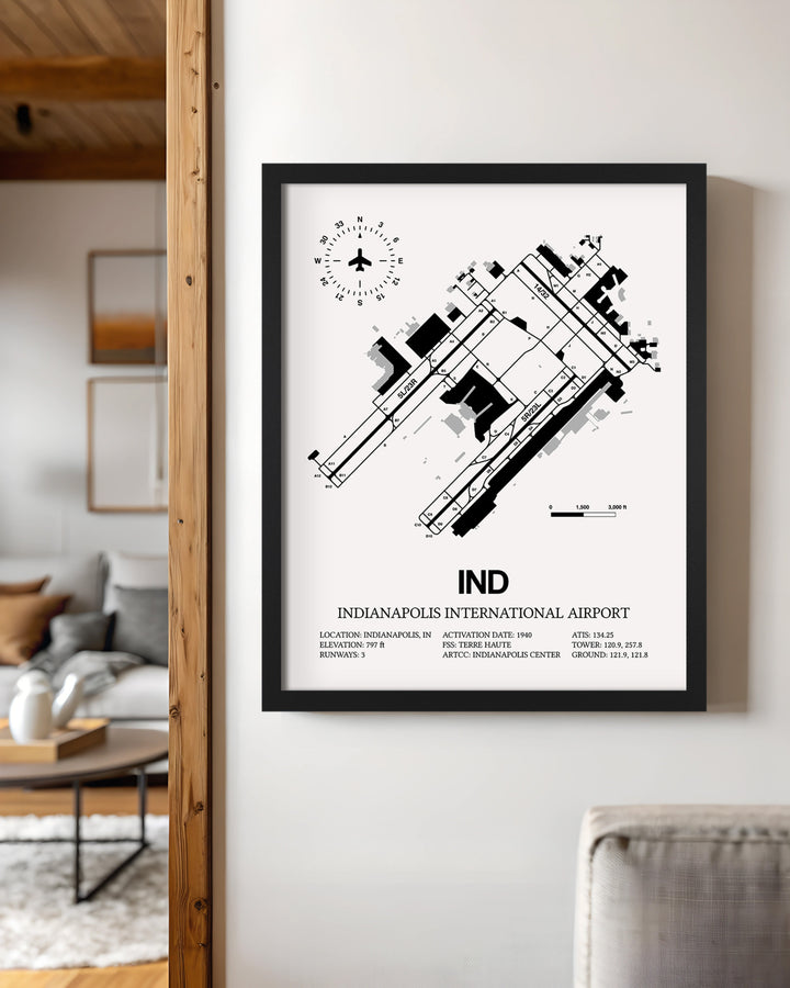 Framed Detailed Airport Map of Indianapolis International Airport (IND) in White with a Black Frame