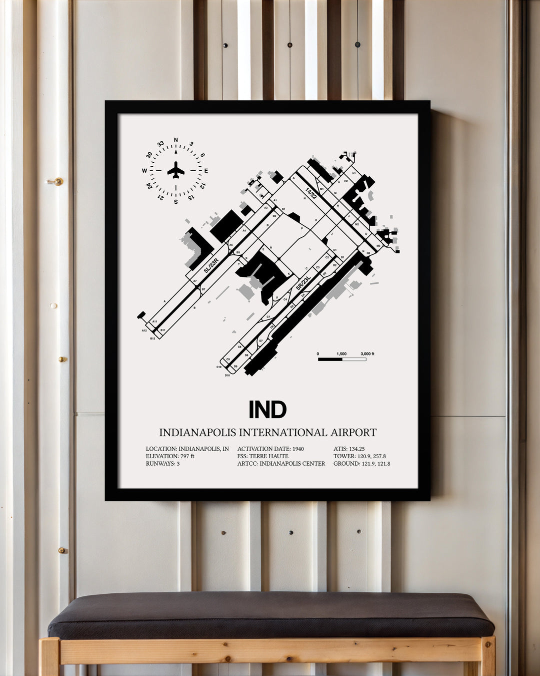 Framed Detailed Airport Map of Indianapolis International Airport (IND) in White with a Black Frame