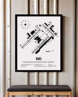Framed Detailed Airport Map of Indianapolis International Airport (IND) in White with a Black Frame