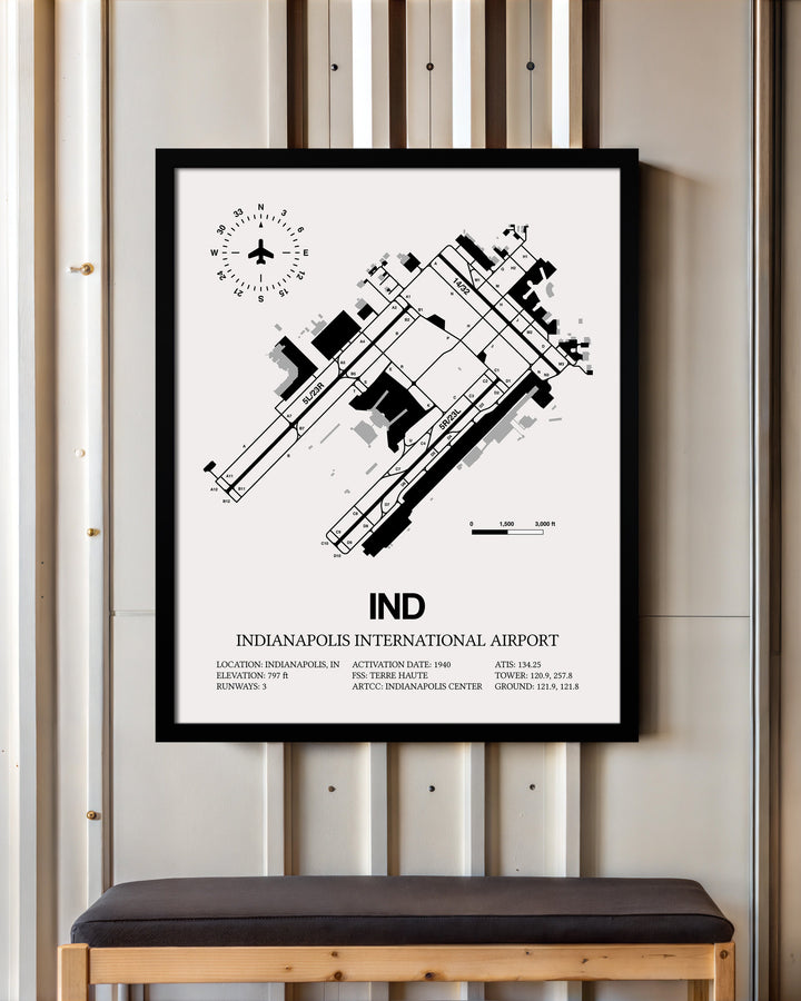 Framed Detailed Airport Map of Indianapolis International Airport (IND) in White with a Black Frame