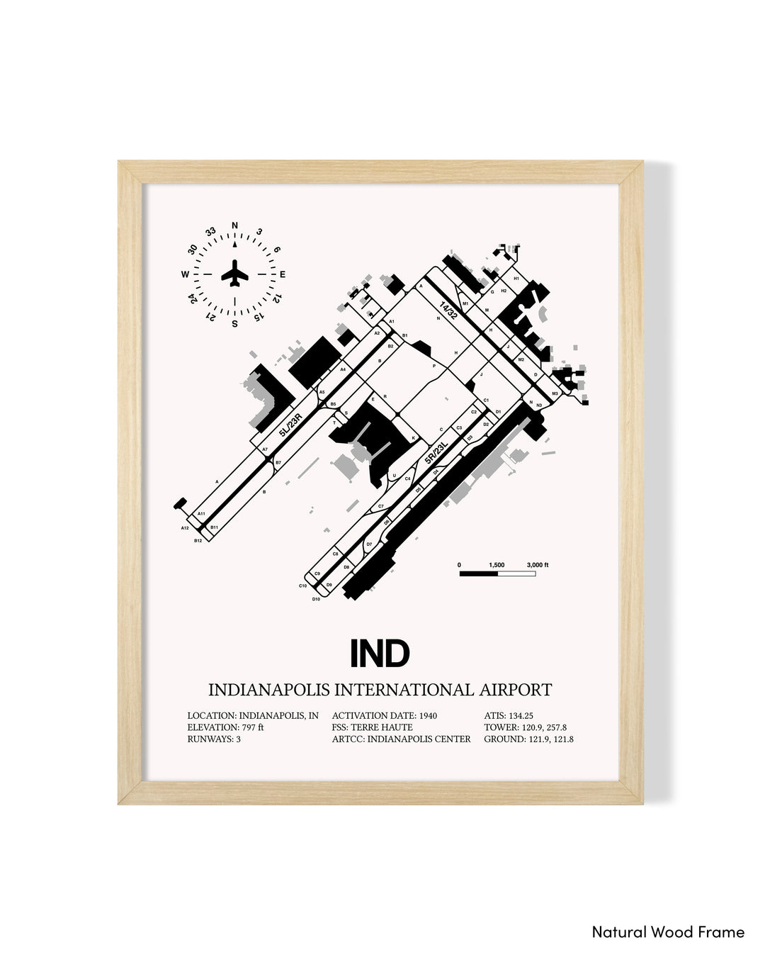Detailed Airport Map of Indianapolis International Airport (IND) in White with a Natural Frame