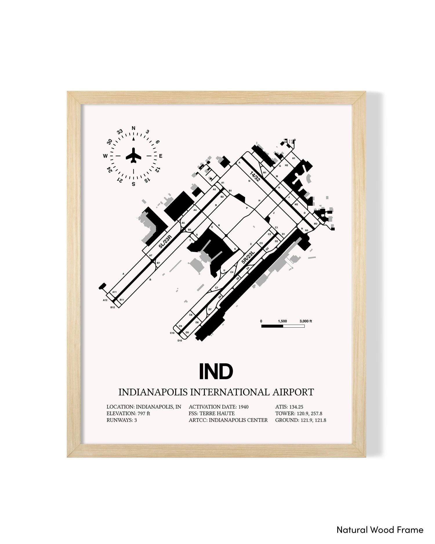 Detailed Airport Map of Indianapolis International Airport (IND) in White with a Natural Frame