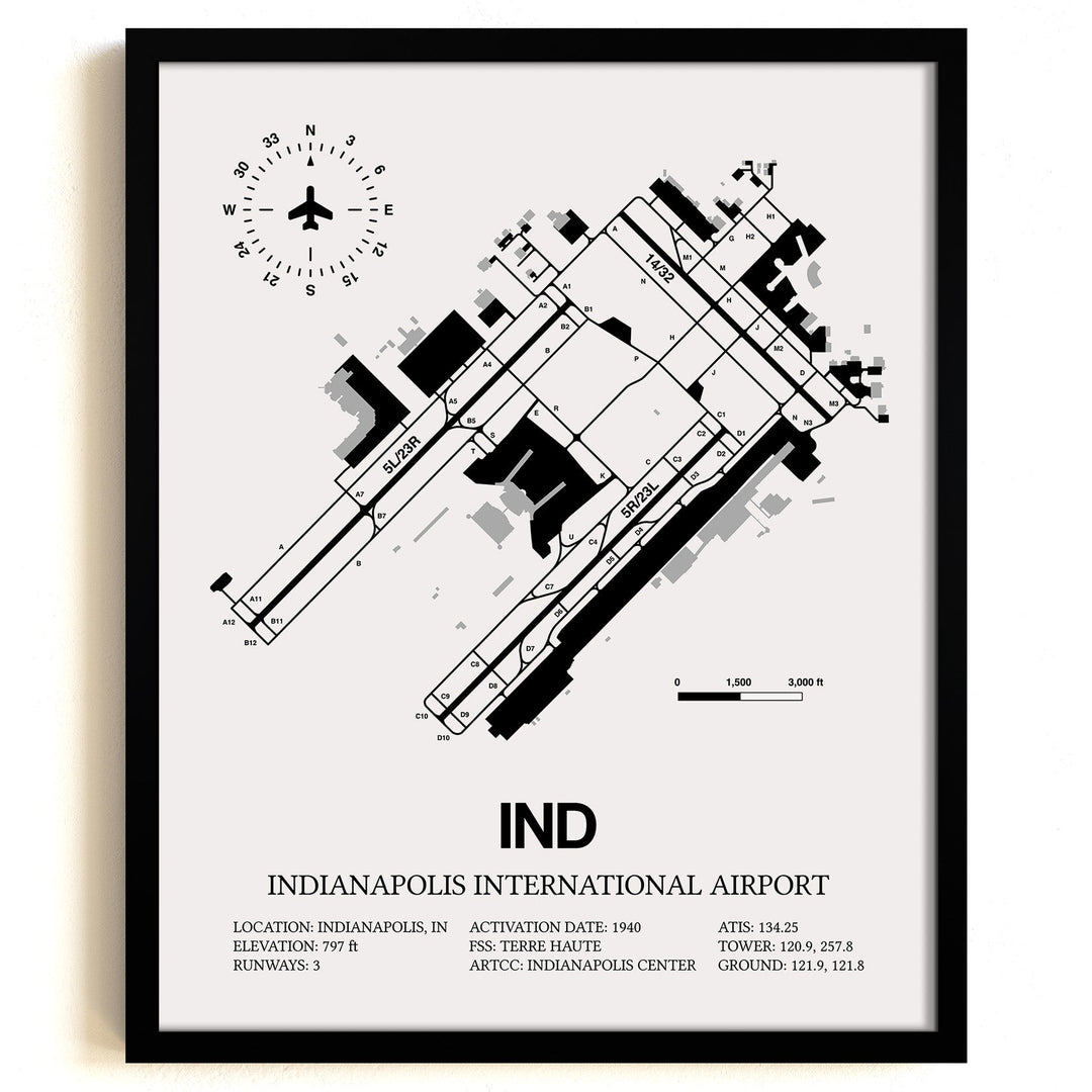 Framed Detailed Airport Map of Indianapolis International Airport (IND) in White with a Black Frame