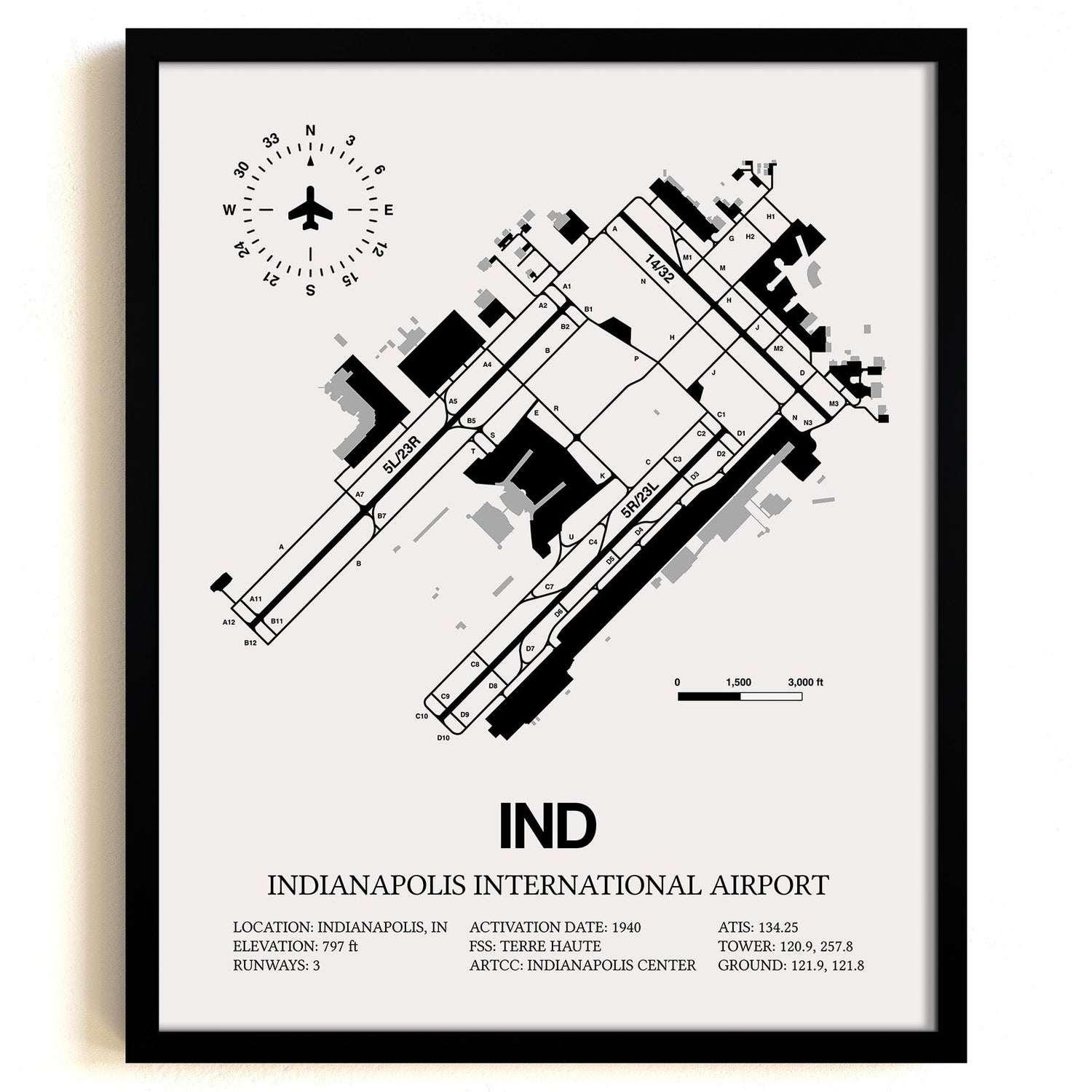 Framed Detailed Airport Map of Indianapolis International Airport (IND) in White with a Black Frame