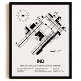 Framed Detailed Airport Map of Indianapolis International Airport (IND) in White with a Black Frame