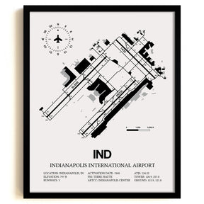 Framed Detailed Airport Map of Indianapolis International Airport (IND) in White with a Black Frame