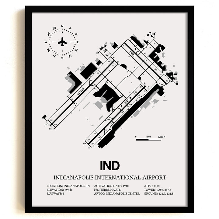 Framed Detailed Airport Map of Indianapolis International Airport (IND) in White with a Black Frame