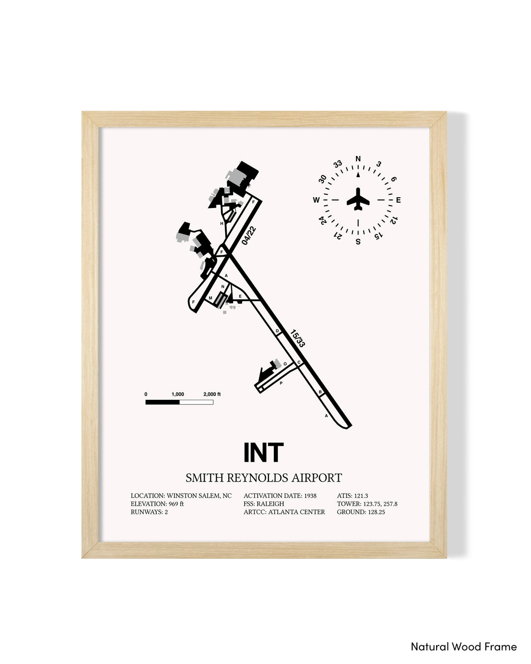 Detailed Airport Map of Smith Reynolds Airport (INT) in White with a Natural Frame