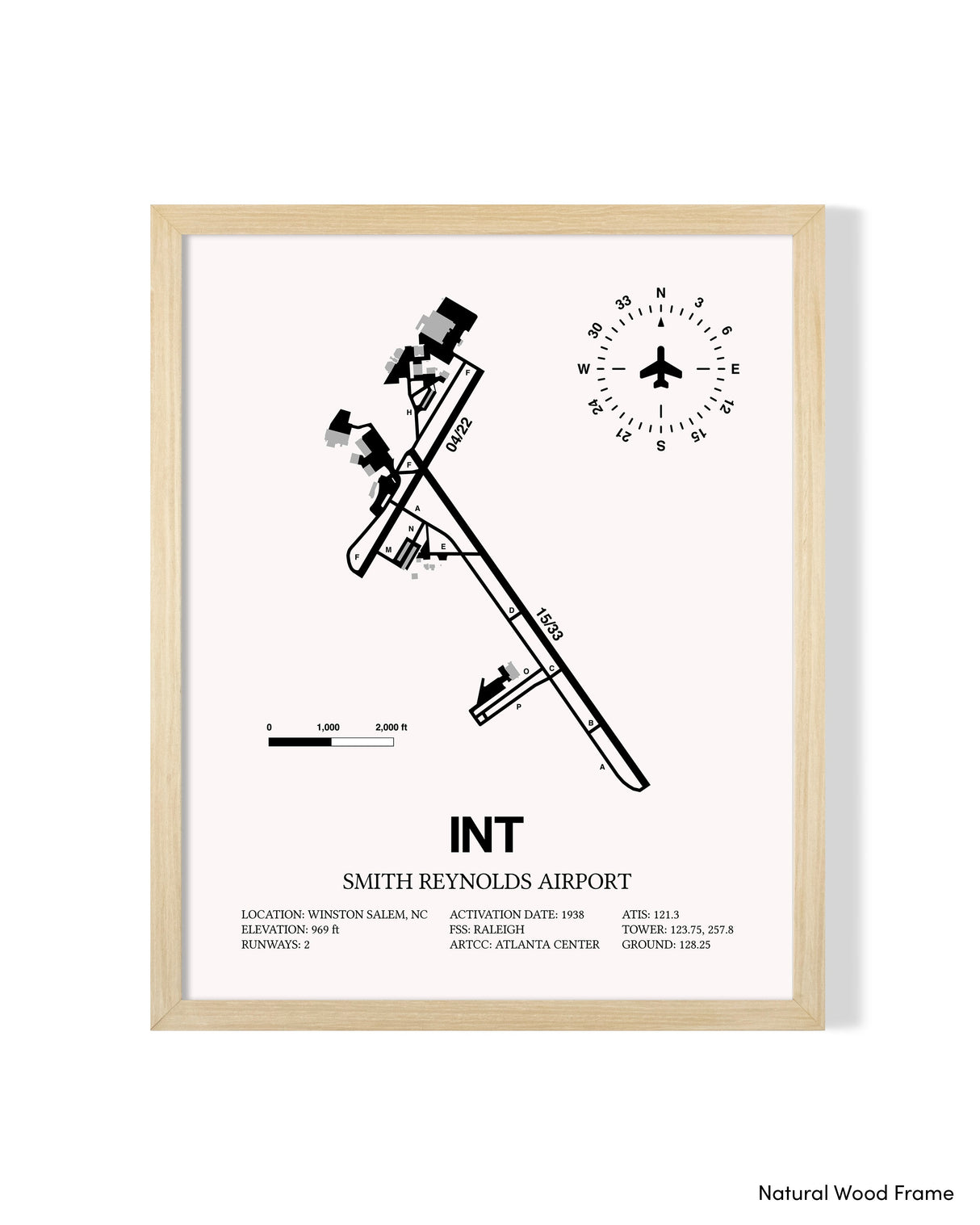 Detailed Airport Map of Smith Reynolds Airport (INT) in White with a Natural Frame
