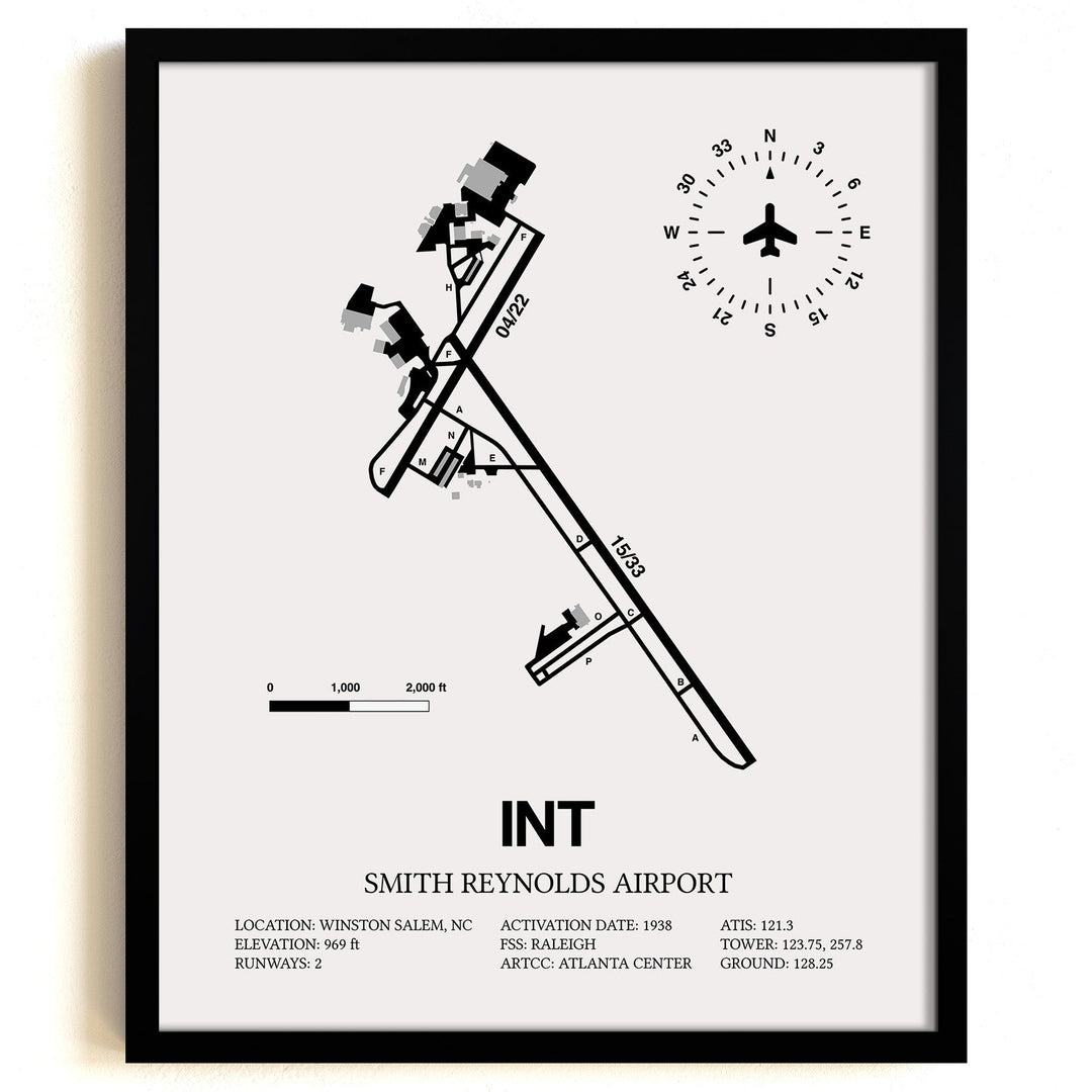 Framed Detailed Airport Map of Smith Reynolds Airport (INT) in White with a Black Frame