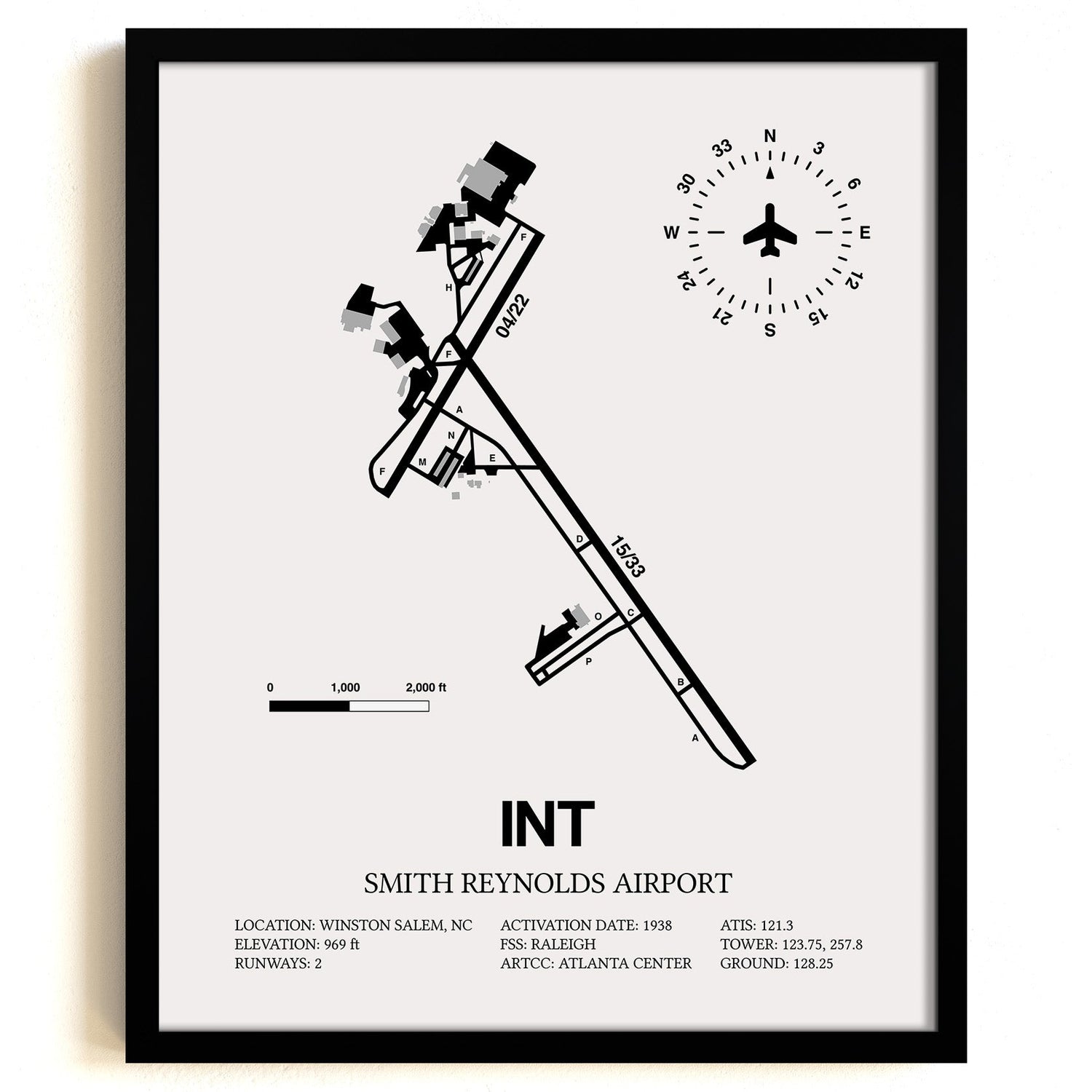 Framed Detailed Airport Map of Smith Reynolds Airport (INT) in White with a Black Frame