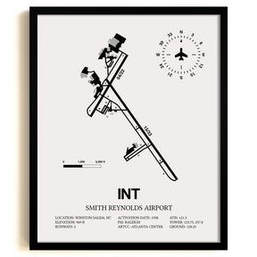 Framed Detailed Airport Map of Smith Reynolds Airport (INT) in White with a Black Frame