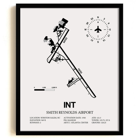 Framed Detailed Airport Map of Smith Reynolds Airport (INT) in White with a Black Frame