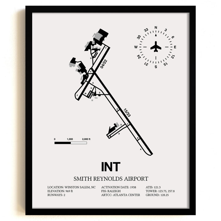 Framed Detailed Airport Map of Smith Reynolds Airport (INT) in White with a Black Frame