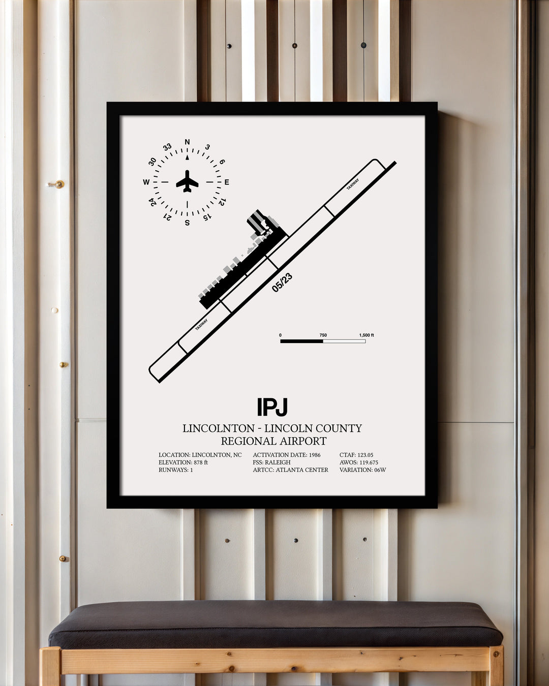 Framed Detailed Airport Map of Lincolnton-Lincoln County Regional Airport (IPJ) in White with a Black Frame