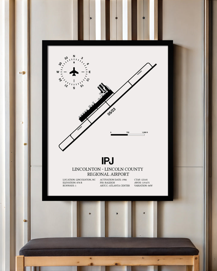 Framed Detailed Airport Map of Lincolnton-Lincoln County Regional Airport (IPJ) in White with a Black Frame