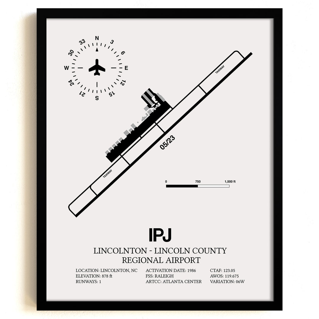 Framed Detailed Airport Map of Lincolnton-Lincoln County Regional Airport (IPJ) in White with a Black Frame