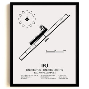 Framed Detailed Airport Map of Lincolnton-Lincoln County Regional Airport (IPJ) in White with a Black Frame
