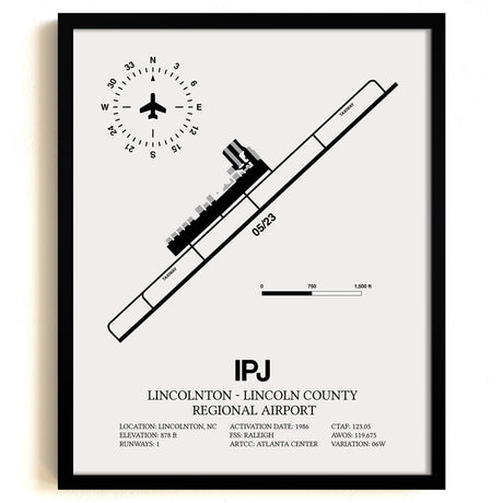 Framed Detailed Airport Map of Lincolnton-Lincoln County Regional Airport (IPJ) in White with a Black Frame