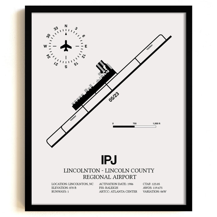 Framed Detailed Airport Map of Lincolnton-Lincoln County Regional Airport (IPJ) in White with a Black Frame