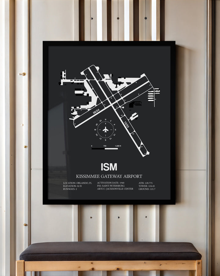 Framed Detailed Airport Map of Kissimmee Gateway Airport (ISM) in Gray with a Black Frame