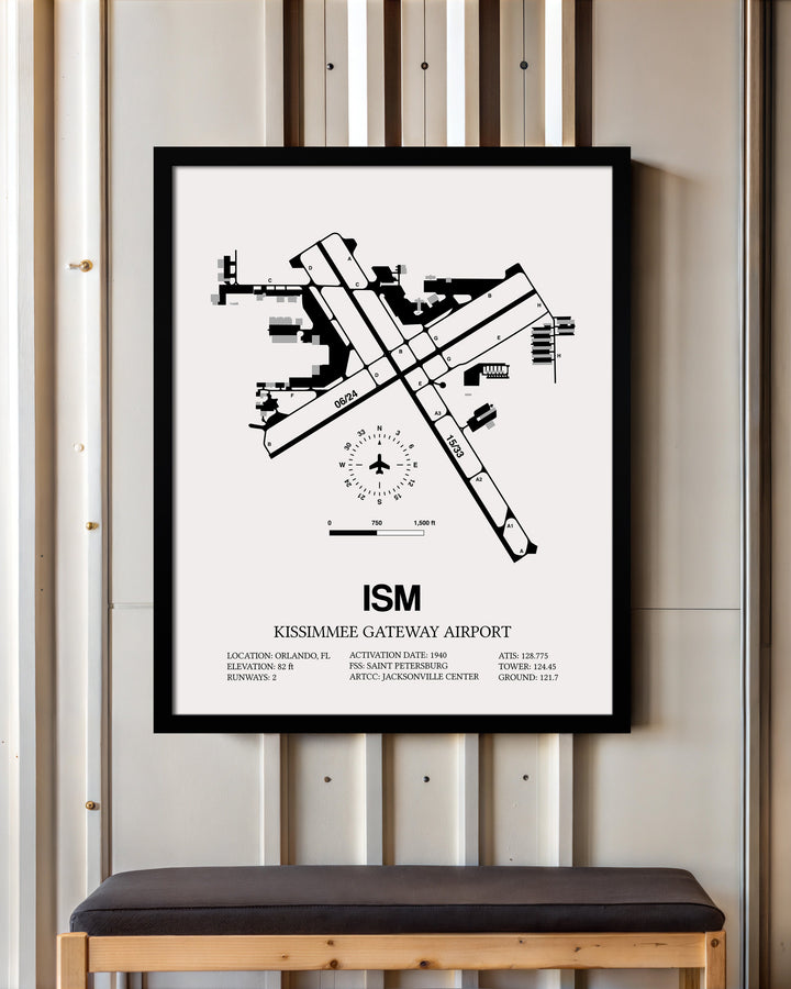 Framed Detailed Airport Map of Kissimmee Gateway Airport (ISM) in White with a Black Frame