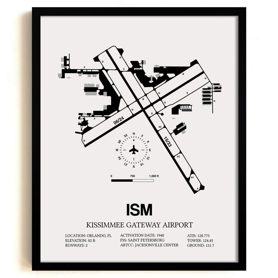 Framed Detailed Airport Map of Kissimmee Gateway Airport (ISM) in White with a Black Frame