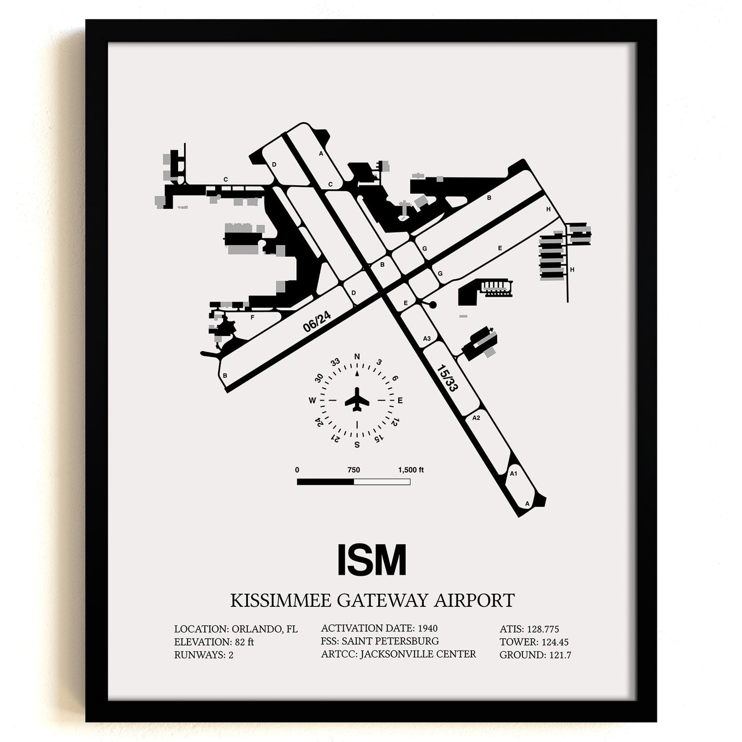 Framed Detailed Airport Map of Kissimmee Gateway Airport (ISM) in White with a Black Frame