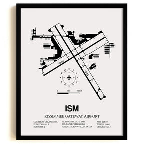 Framed Detailed Airport Map of Kissimmee Gateway Airport (ISM) in White with a Black Frame