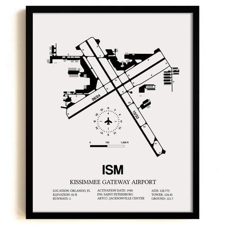 Framed Detailed Airport Map of Kissimmee Gateway Airport (ISM) in White with a Black Frame