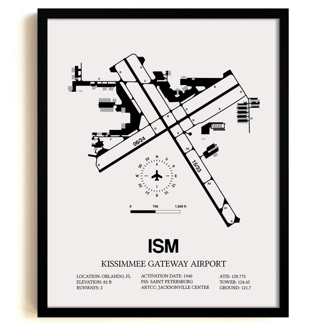 Framed Detailed Airport Map of Kissimmee Gateway Airport (ISM) in White with a Black Frame