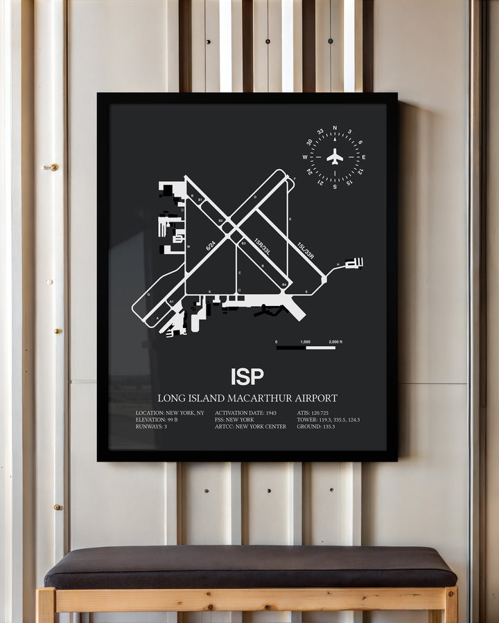 Framed Detailed Airport Map of Long Island MacArthur Airport (ISP) in Gray with a Black Frame