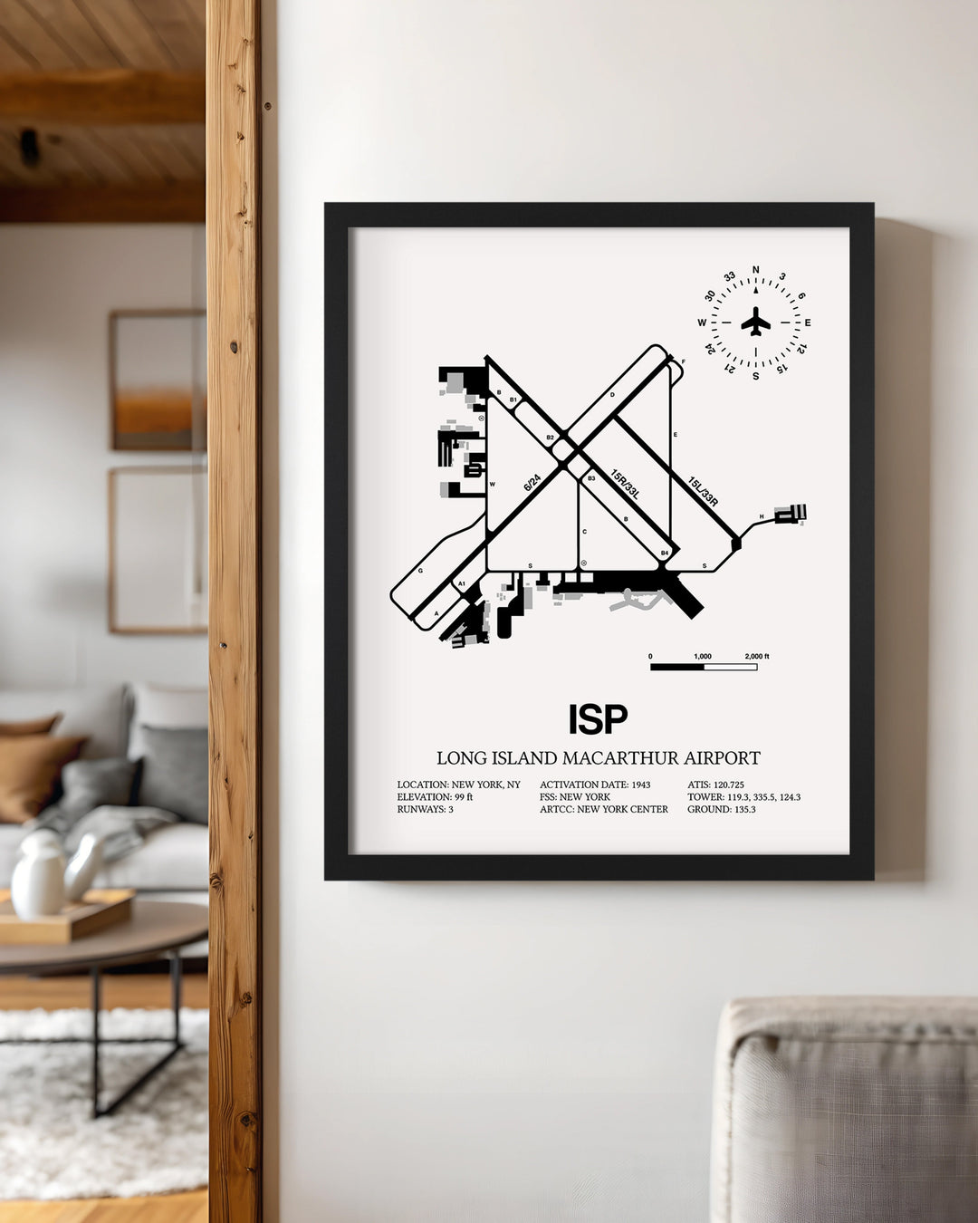 Framed Detailed Airport Map of Long Island MacArthur Airport (ISP) in White with a Black Frame