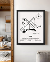 Framed Detailed Airport Map of Long Island MacArthur Airport (ISP) in White with a Black Frame