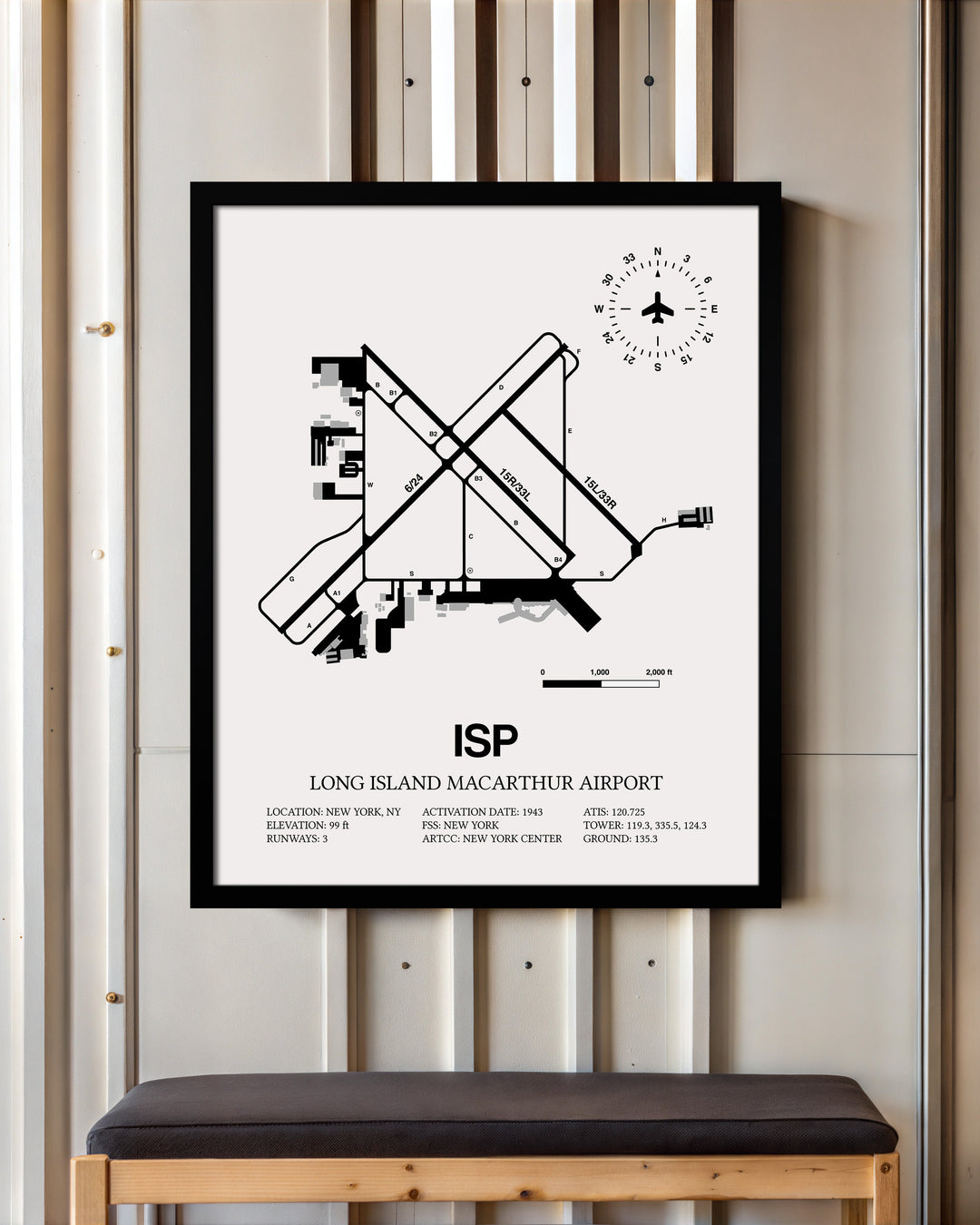 Framed Detailed Airport Map of Long Island MacArthur Airport (ISP) in White with a Black Frame