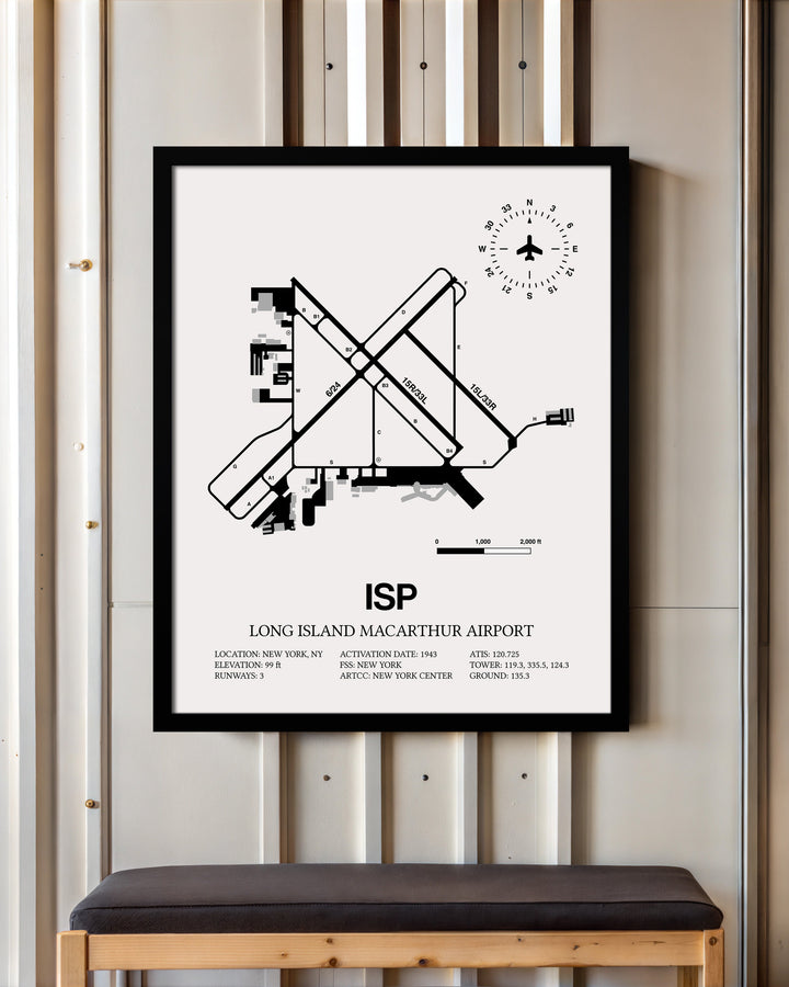 Framed Detailed Airport Map of Long Island MacArthur Airport (ISP) in White with a Black Frame