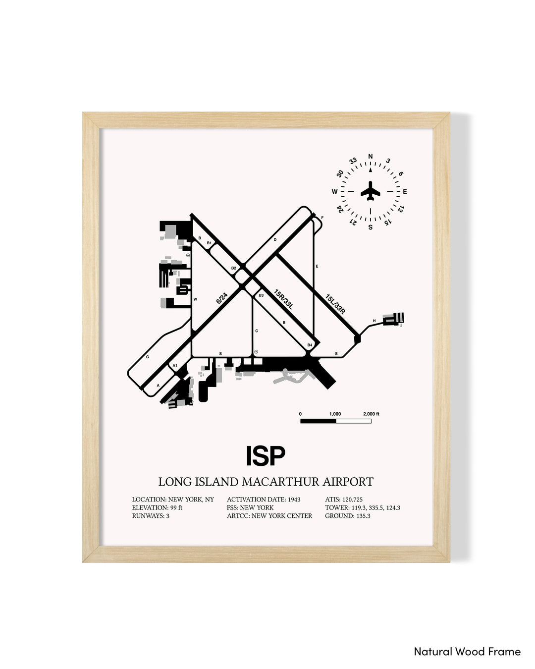 Detailed Airport Map of Long Island MacArthur Airport (ISP) in White with a Natural Frame