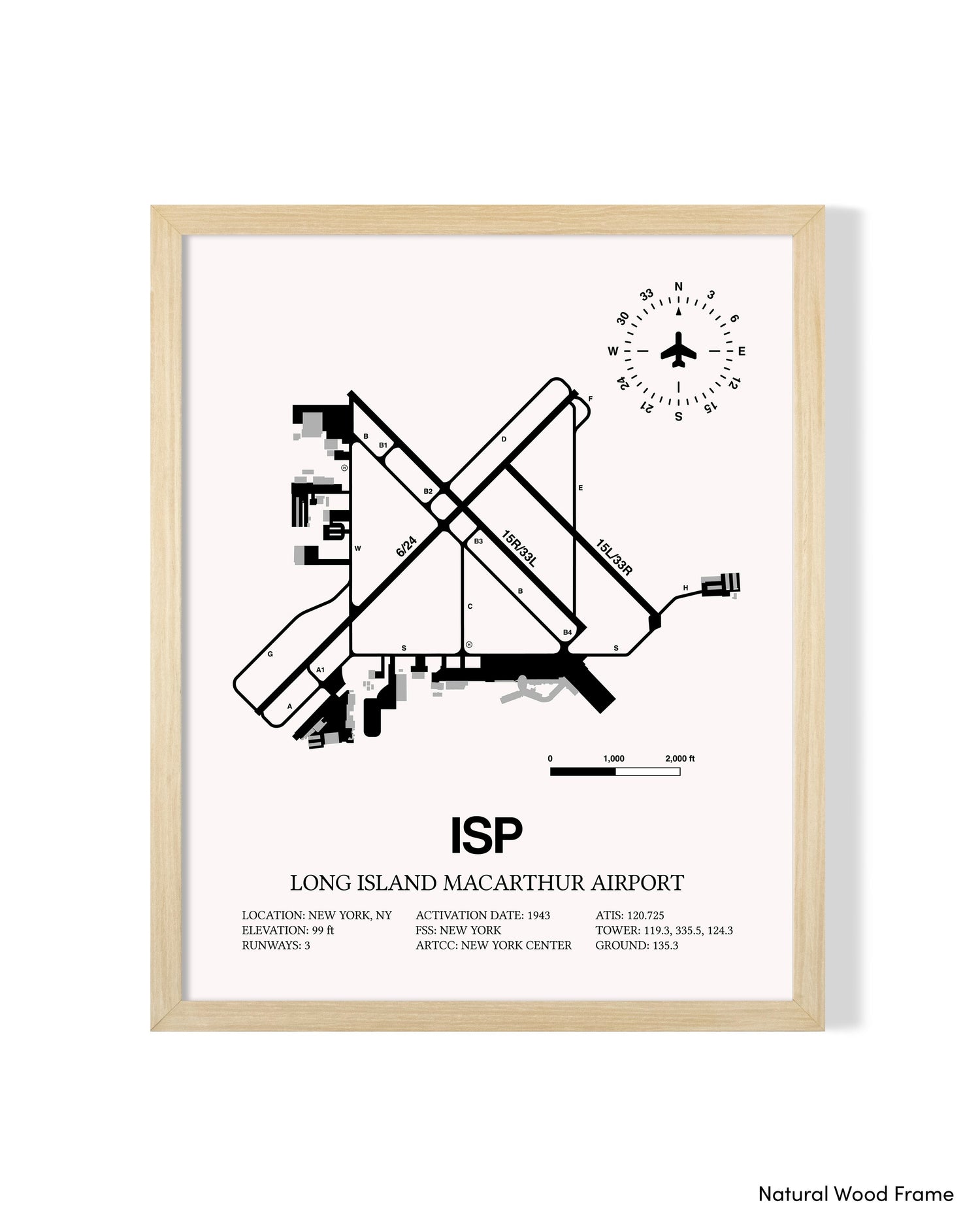 Detailed Airport Map of Long Island MacArthur Airport (ISP) in White with a Natural Frame