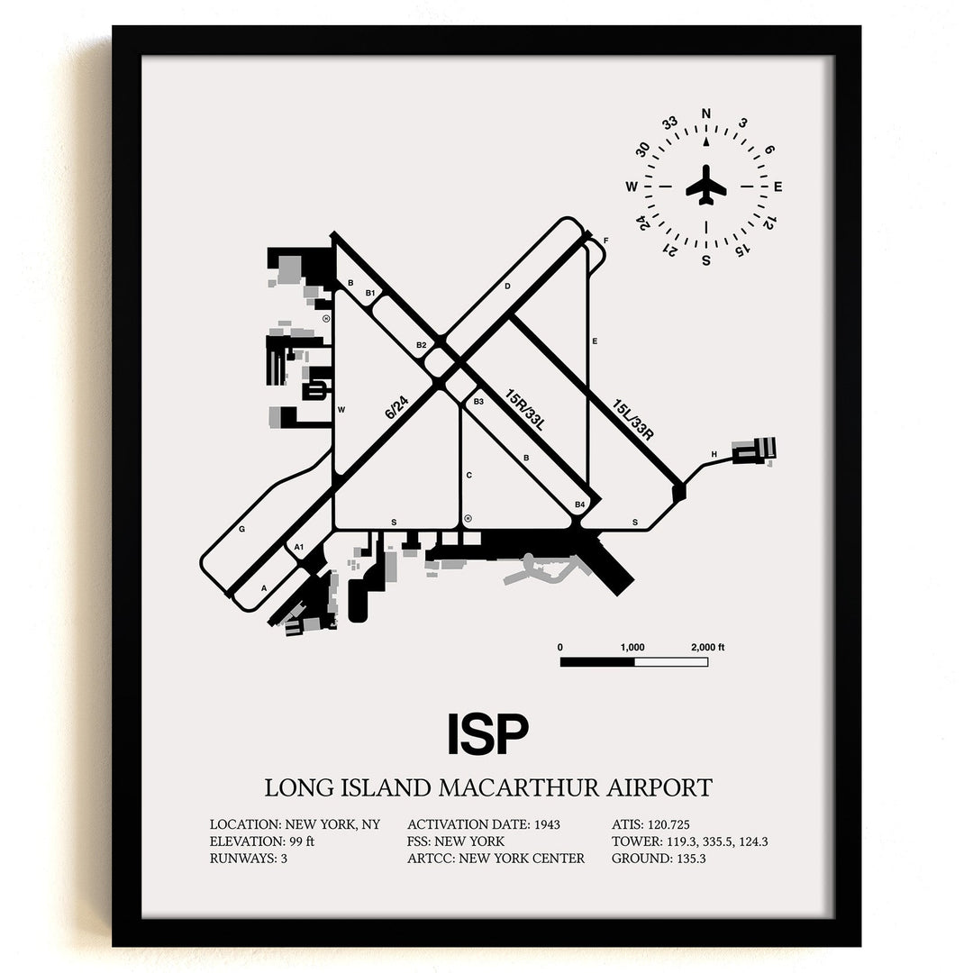 Framed Detailed Airport Map of Long Island MacArthur Airport (ISP) in White with a Black Frame