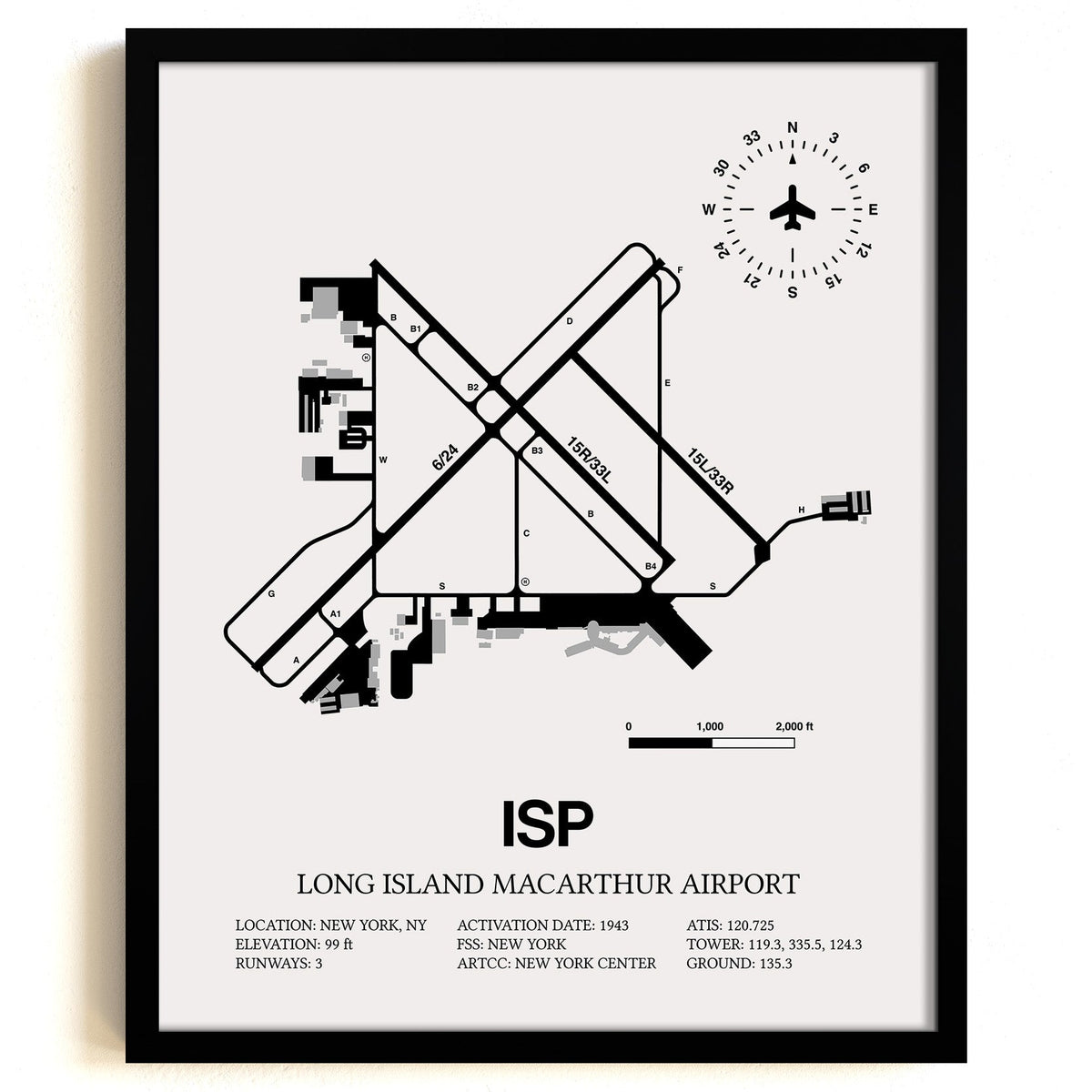 Framed Detailed Airport Map of Long Island MacArthur Airport (ISP) in White with a Black Frame