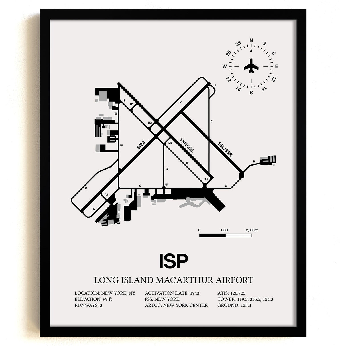 Framed Detailed Airport Map of Long Island MacArthur Airport (ISP) in White with a Black Frame