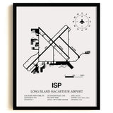 Framed Detailed Airport Map of Long Island MacArthur Airport (ISP) in White with a Black Frame