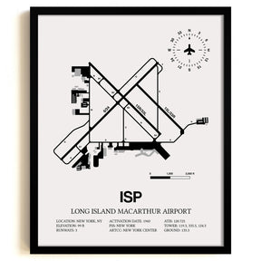 Framed Detailed Airport Map of Long Island MacArthur Airport (ISP) in White with a Black Frame