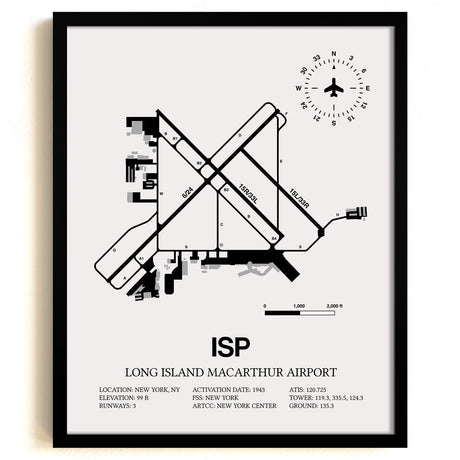 Framed Detailed Airport Map of Long Island MacArthur Airport (ISP) in White with a Black Frame