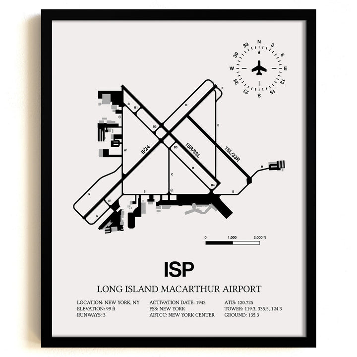 Framed Detailed Airport Map of Long Island MacArthur Airport (ISP) in White with a Black Frame