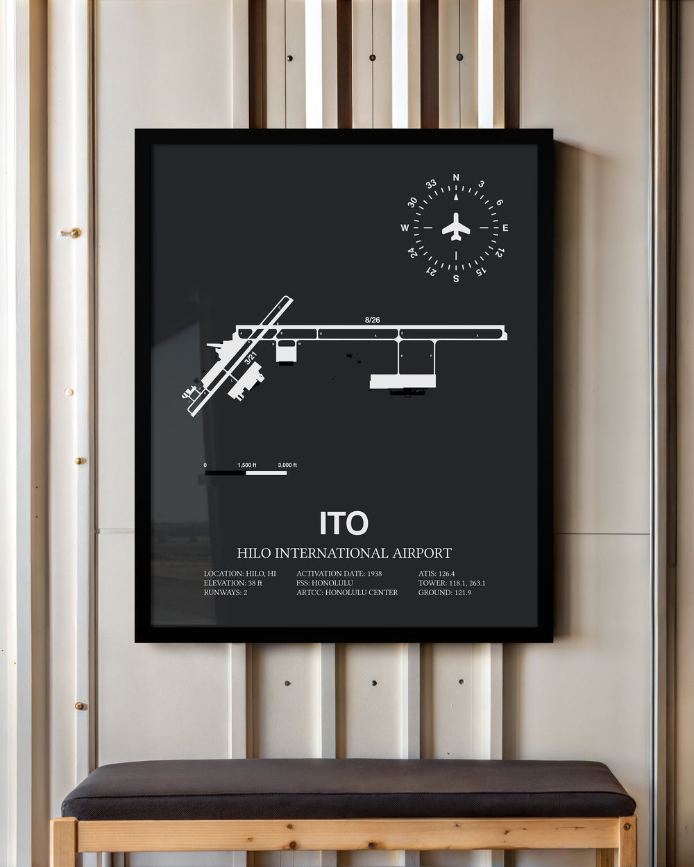 Framed Detailed Airport Map of Hilo International Airport (ITO) in Gray with a Black Frame