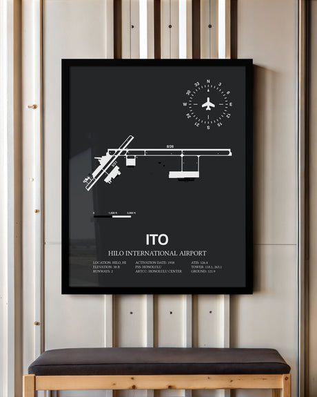 Framed Detailed Airport Map of Hilo International Airport (ITO) in Gray with a Black Frame