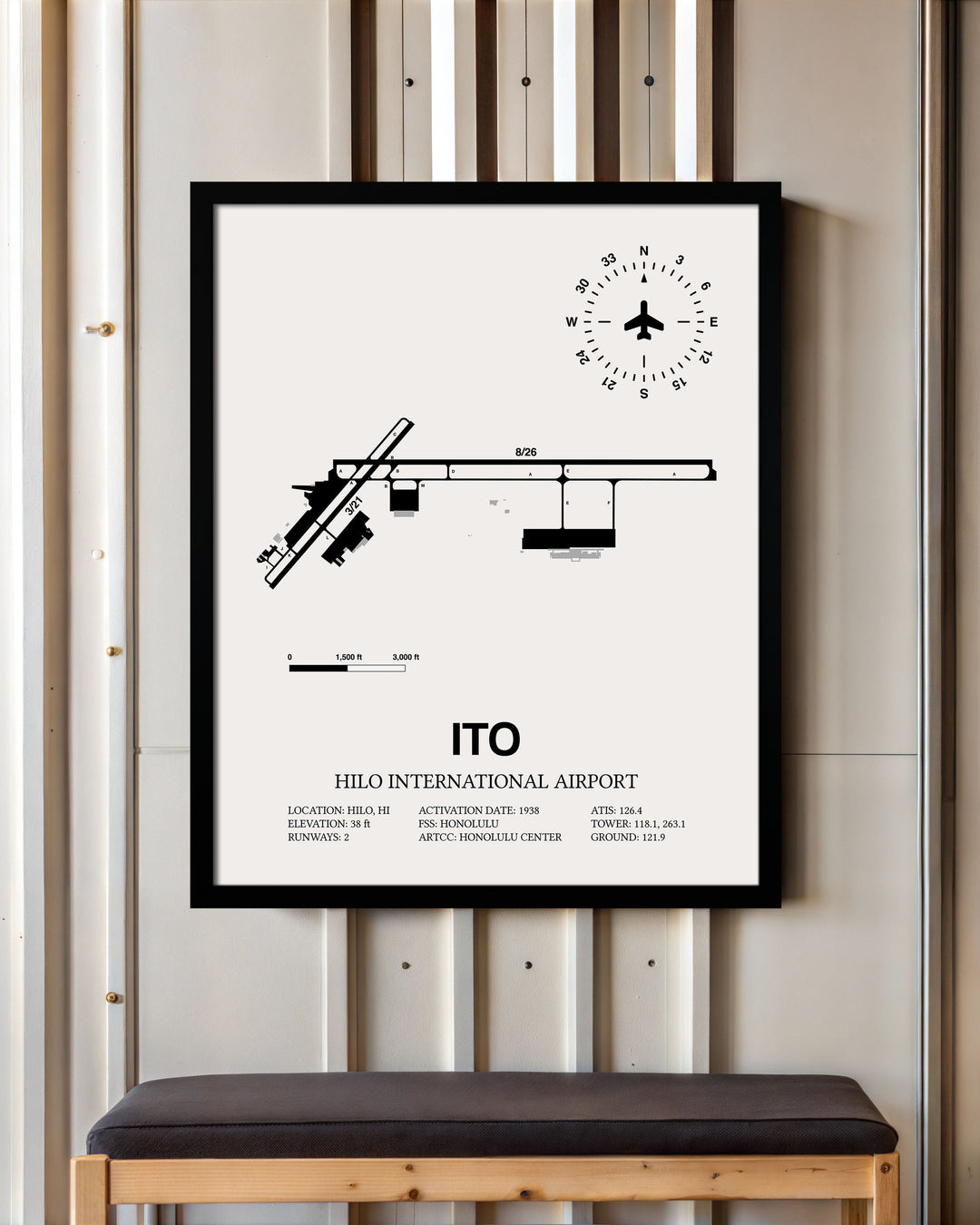 Framed Detailed Airport Map of Hilo International Airport (ITO) in White with a Black Frame