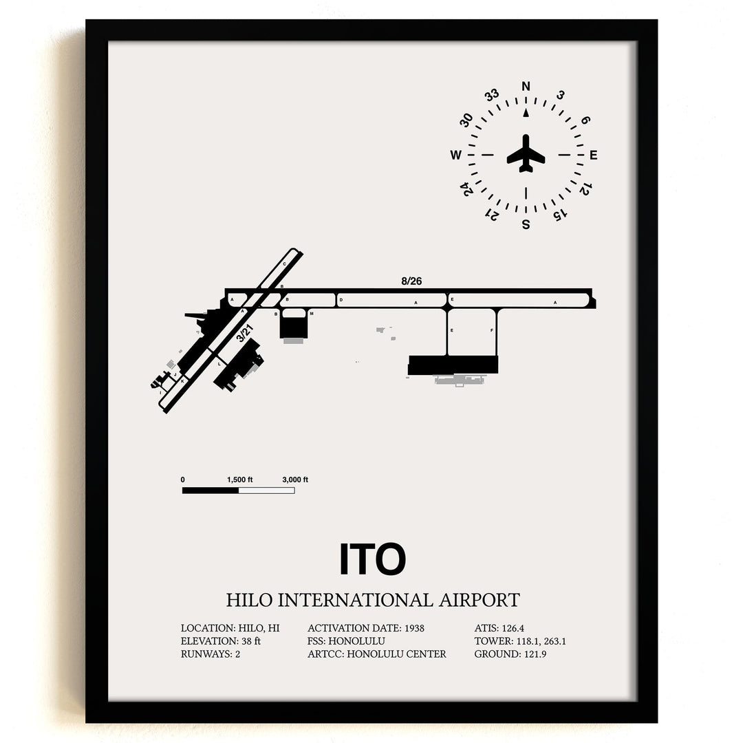 Framed Detailed Airport Map of Hilo International Airport (ITO) in White with a Black Frame